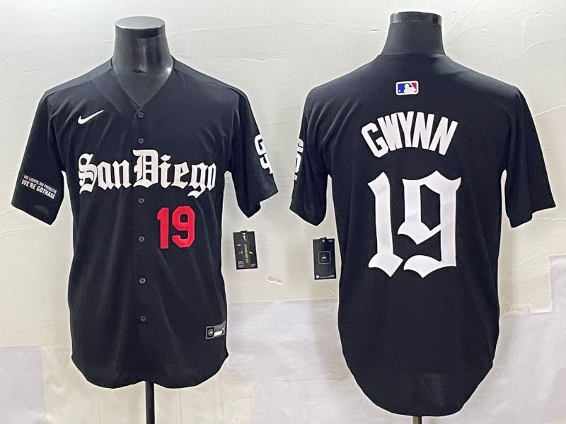 Men 2025 San Diego Padres #19 Gwynn Black Five generations Joint Name Nike MLB Jersey style 8